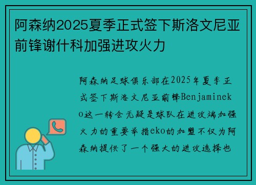 阿森纳2025夏季正式签下斯洛文尼亚前锋谢什科加强进攻火力