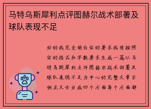 马特乌斯犀利点评图赫尔战术部署及球队表现不足 马特乌斯犀利点评图赫尔战术部署及球队表现不足