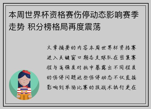 本周世界杯资格赛伤停动态影响赛季走势 积分榜格局再度震荡