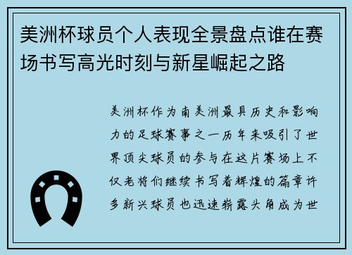 美洲杯球员个人表现全景盘点谁在赛场书写高光时刻与新星崛起之路